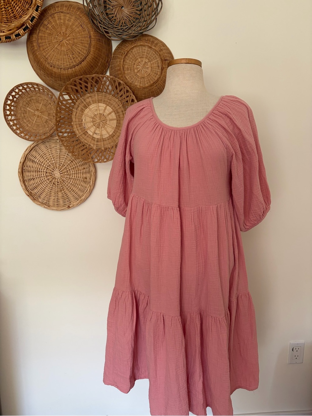 Joe Fresh Rose-Pink Puff Sleeve Tiered Midi Dress